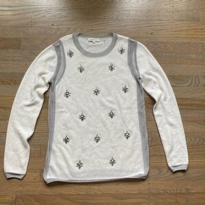 Rebecca Taylor Ivory and Grey Crystal Embellished Mesh Inset Crew Neck Sz XS